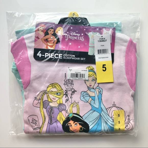 NEW Girl’s Disney Princess 4-piece Pajamas set -pink/mint - Picture 3 of 10